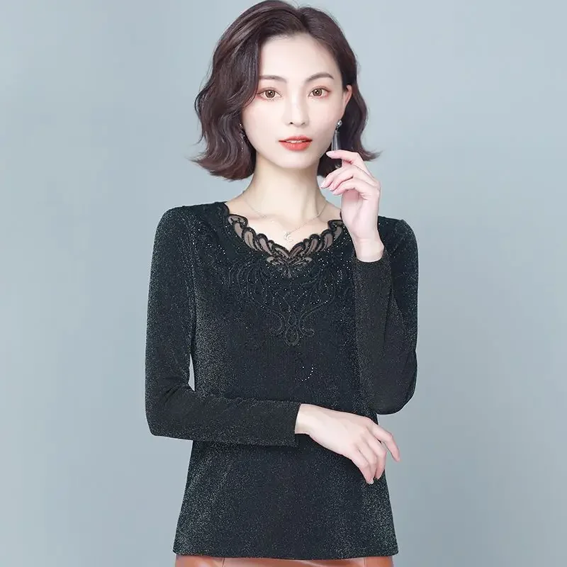 Female Autumn New Lace Shirts Long Sleeve Bottoming Ladies V-neck Patchwork Print Blouse Top Pullovers G890