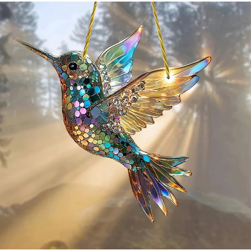 2D Flat 8cm Colorful Acrylic Hummingbird Suncatcher Hanging Pendant Wind Chime for Home Window Garden Patio Car Decoration