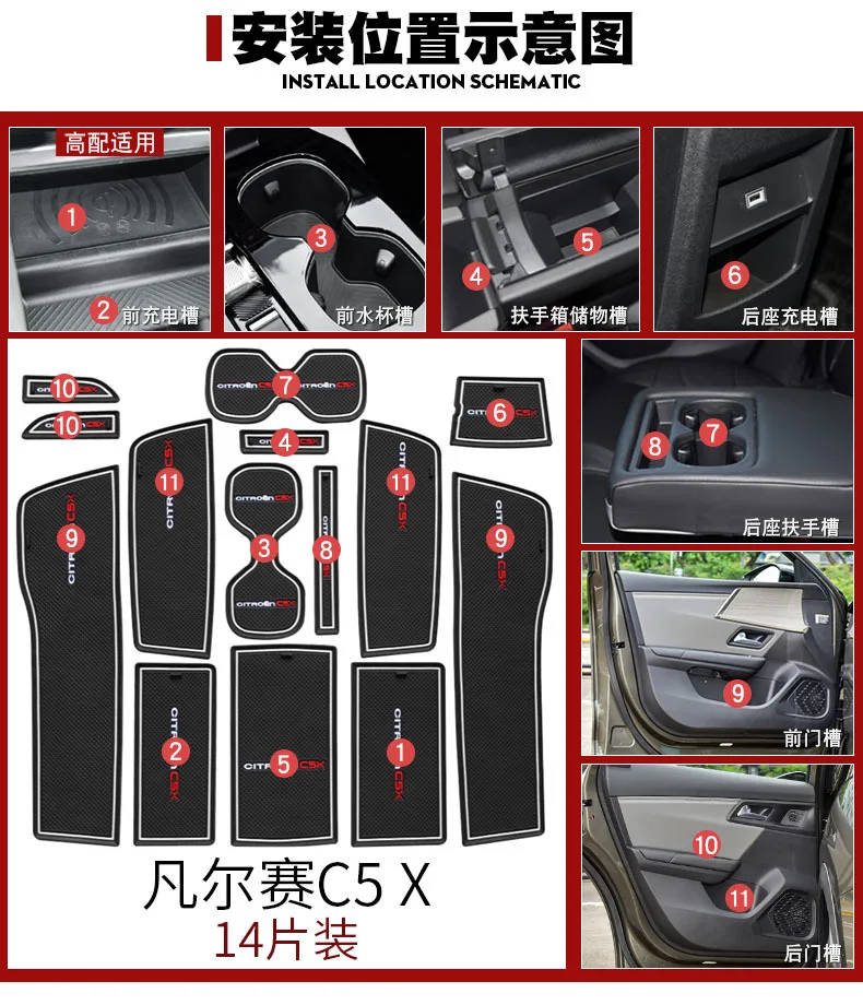 For Citroen Versailles C5x Car Interior Door Groove Mats Gate Slot Pad Non-slip Cup Mat Accessories Cover