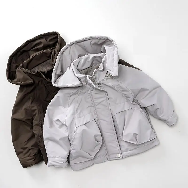 

2025 Winter New Children Plus Velvet Thick Windbreaker Boys Warm Interchange Jacket Girls Fleece Hooded Coat Kids Clothes