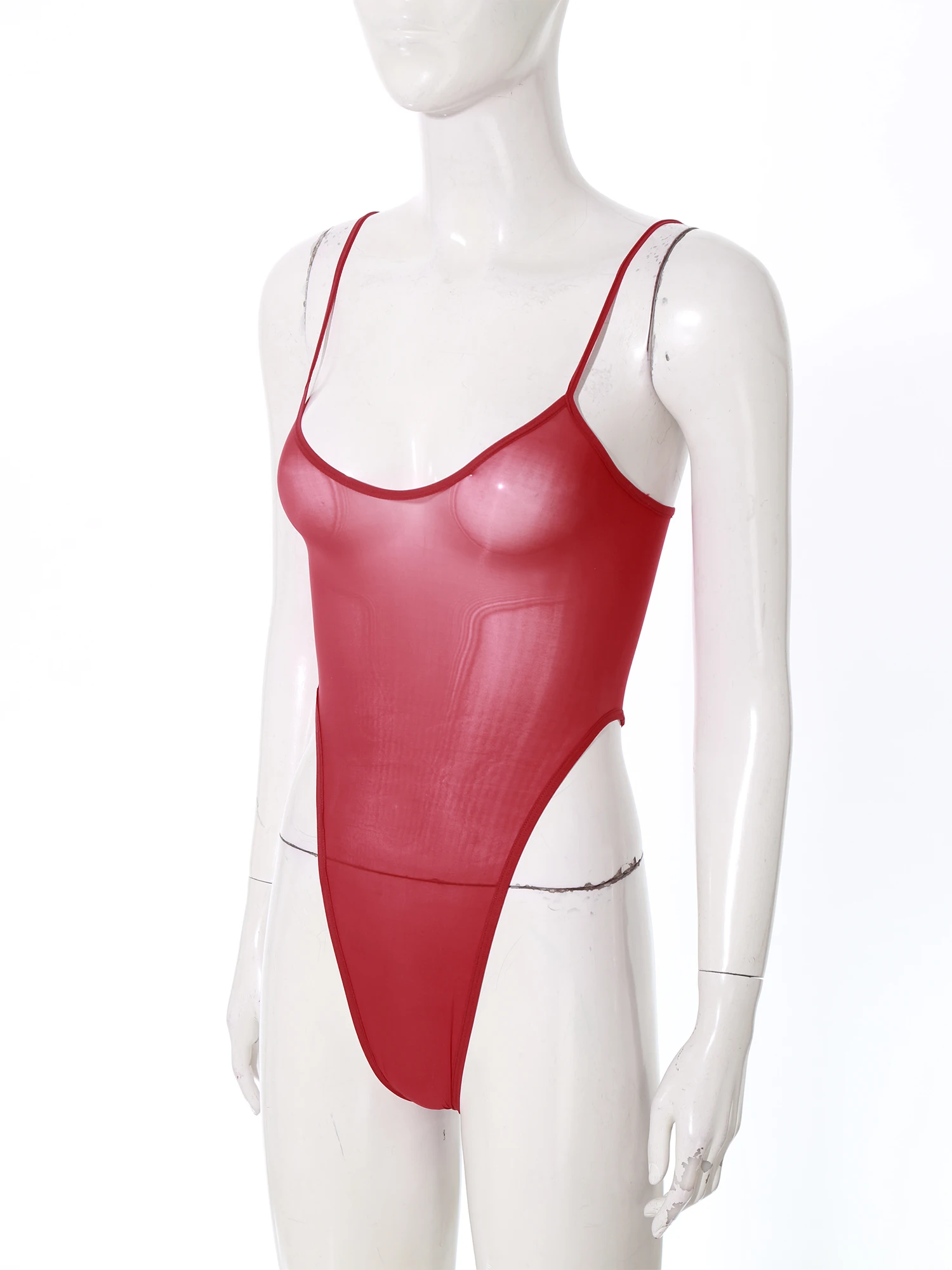 Sexy Womens High Cut Thong Bikini Bodysuit Swimwear Glossy Sheer Mesh Stretchy Leotard One Piece Monokini Swimsuit Bathing Suit