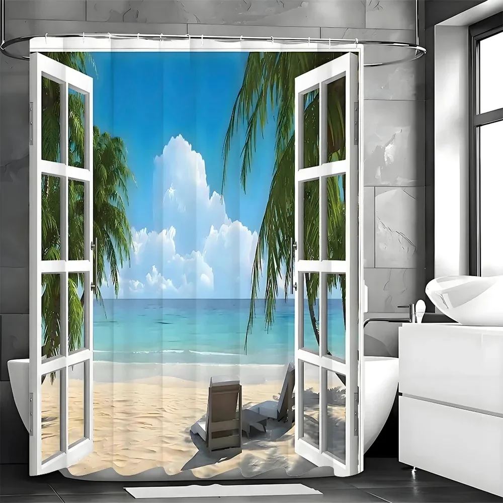 Tropical Palm Tree Shower Curtain, Ocean Beach Island Window Palm Tree Bathroom Decorative Shower Curtain, Waterproof Shower Cur