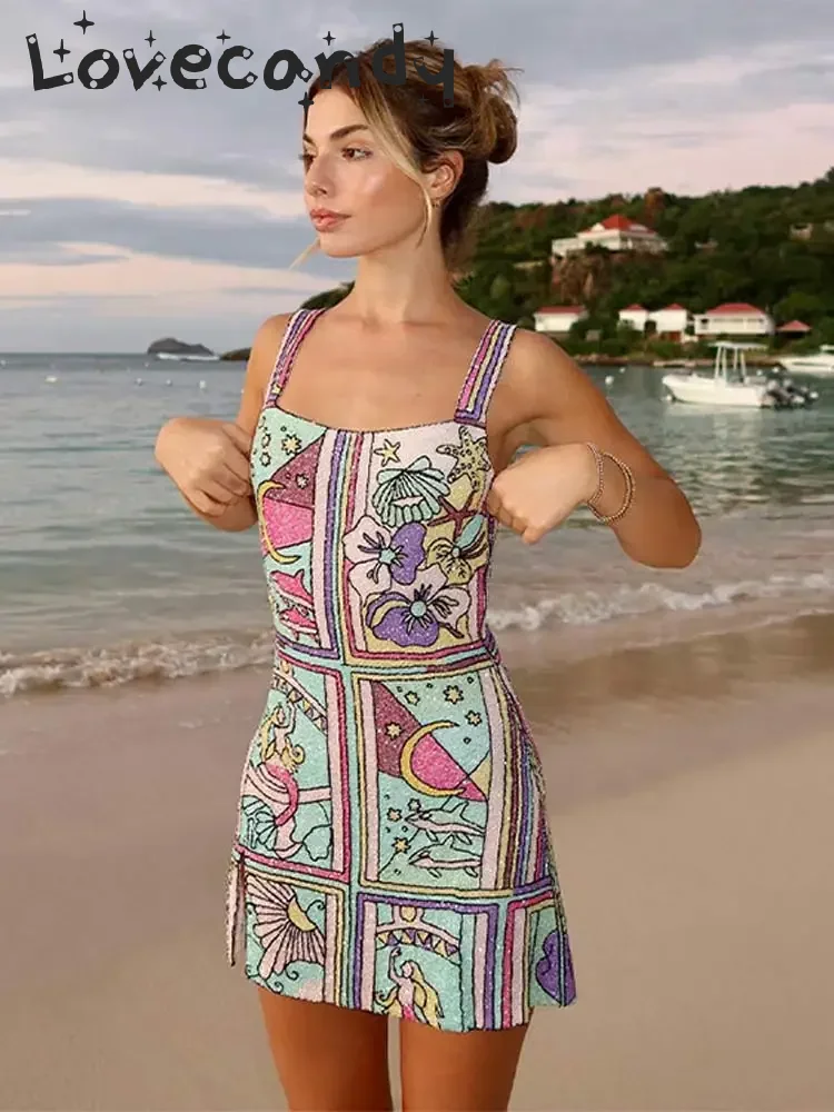 

Sexy Colorful Printed Sling Mini Dress Women Fashion Backless Sleeveless Split Vestidos Summer Chic Female Vacation Party Robes