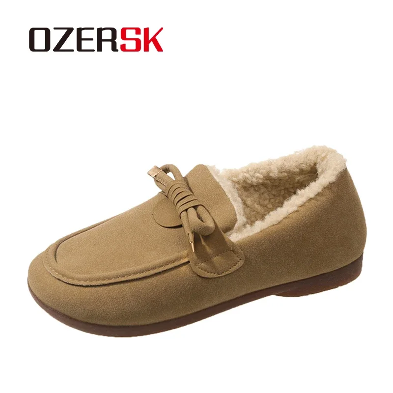 OZERSK Winter Fashion Non-Slip Warm Fur Outdoor Comfortable Slip On Loafers Casual Plush Versatile Flats Shoes For Women