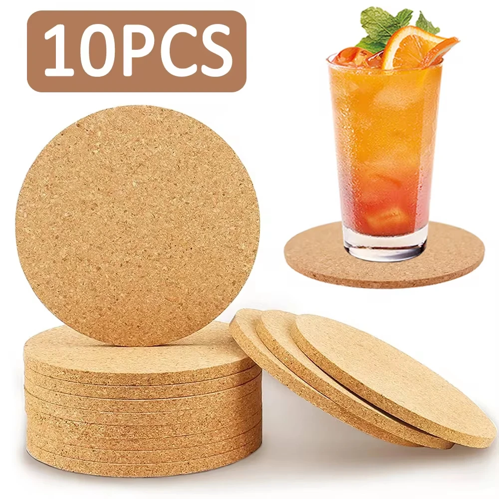 10PCS Cup Mat Natural Round Wooden Pad Durable Non-Slip Cork Coaster Tea Coffee Mug Drinks Holder for Table Decor DIY Tableware