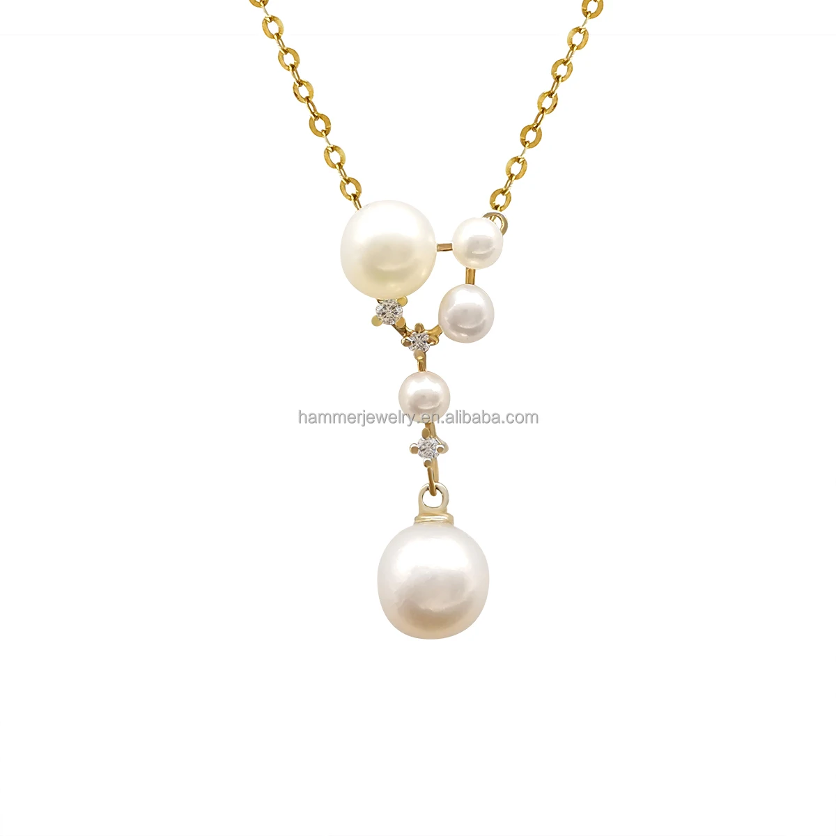 Luxury 14K Real Gold Jewelry  Round Freshwater Pearl With Natural Diamond Women's Necklace