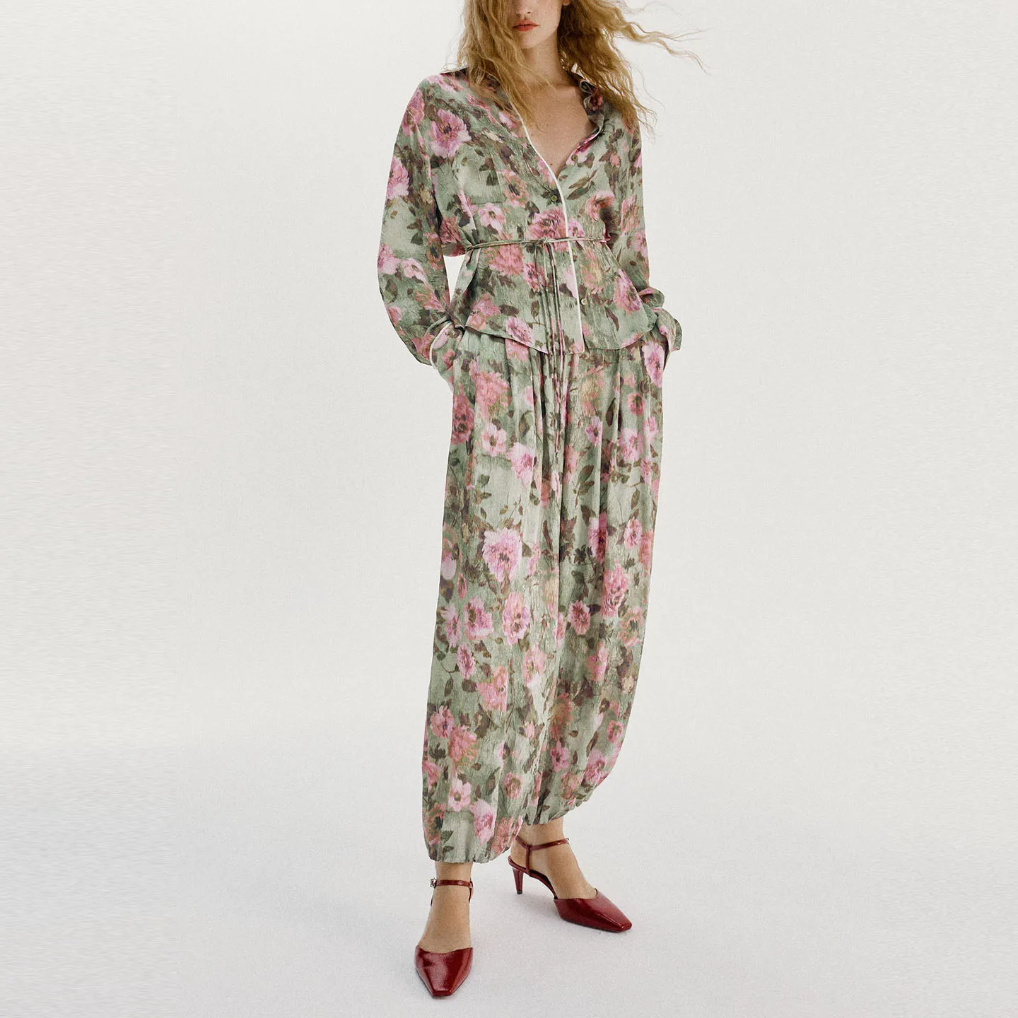 ZADATA Women's Long Sleeve Print Shirt with Belt Lantern Pants Fashion Set Autumn 2026 New Arrival Four Seasons Suitable