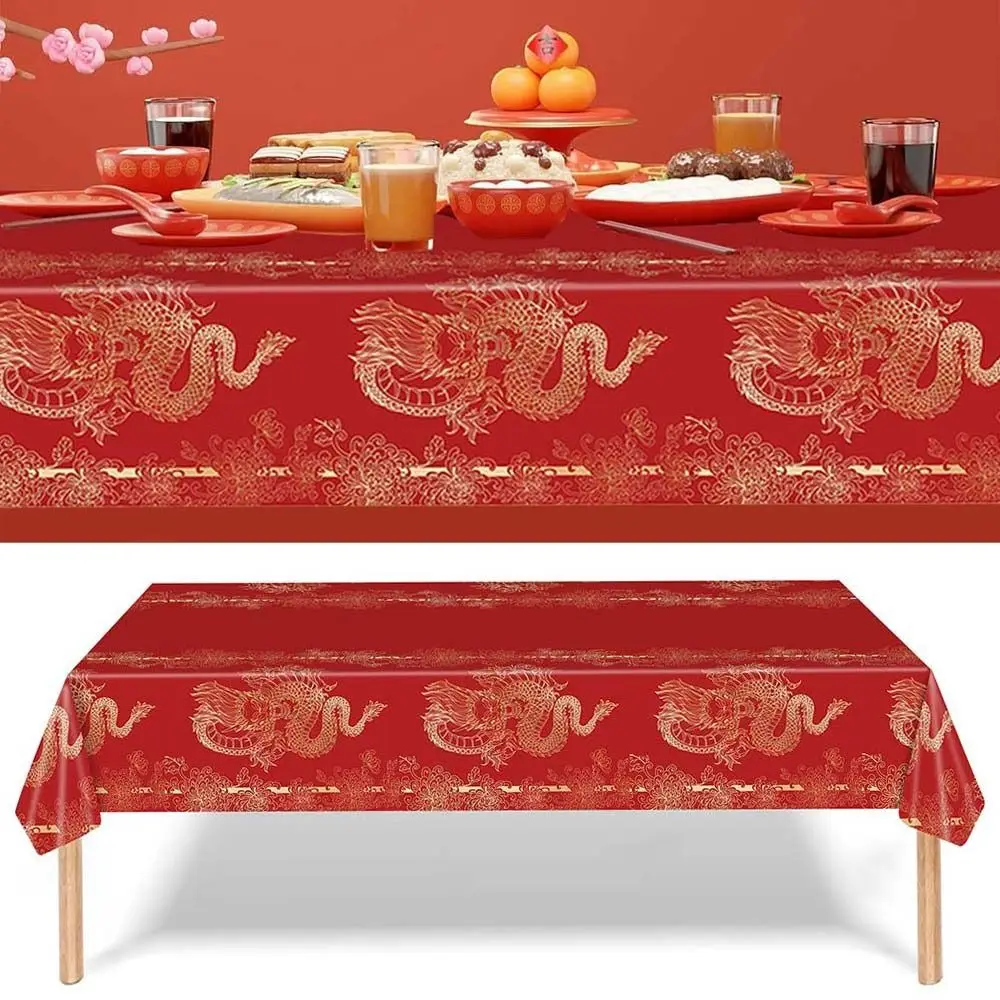 Plastic Chinese New Year Tablecloth Bronzing Disposable Disposable Tablecloths Chinese Style Red Table Cover Table Decoration