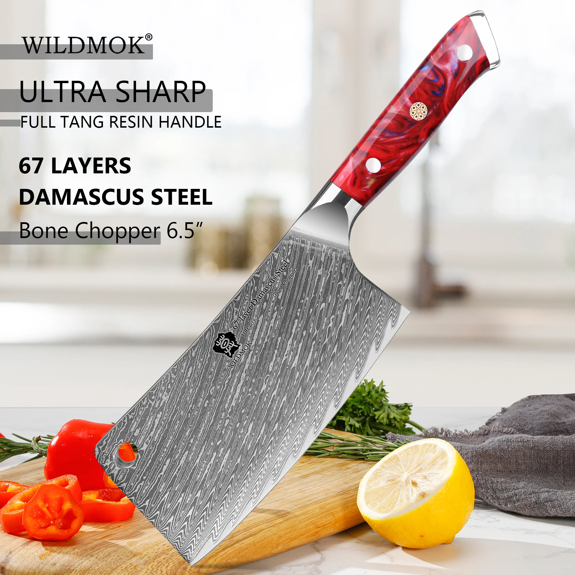 WILDMOK  67 Layers Damascus Steel 6 Inch Bone Chopper Knife, Ergonomic Red Resin Handle, Professional Kitchen Knife