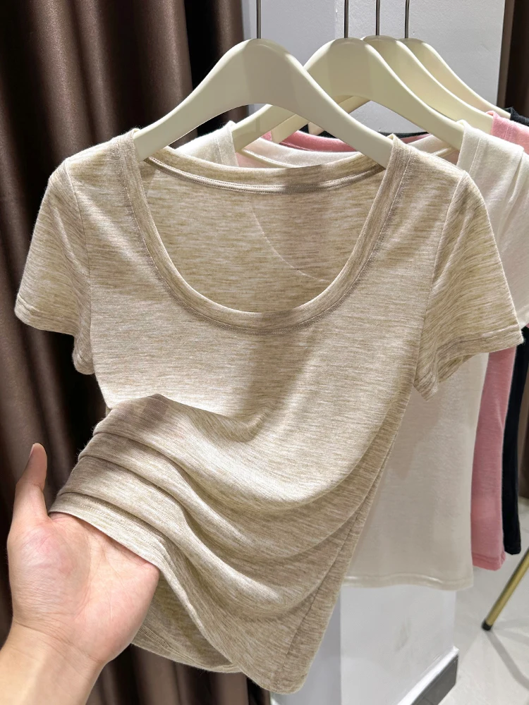 

Minimalist Summer Ultra-Thin Cool Ice Silk Short Sleeve T-Shirt Women's Base Layer Shirt Pure Desire Style Top Summer Fashion
