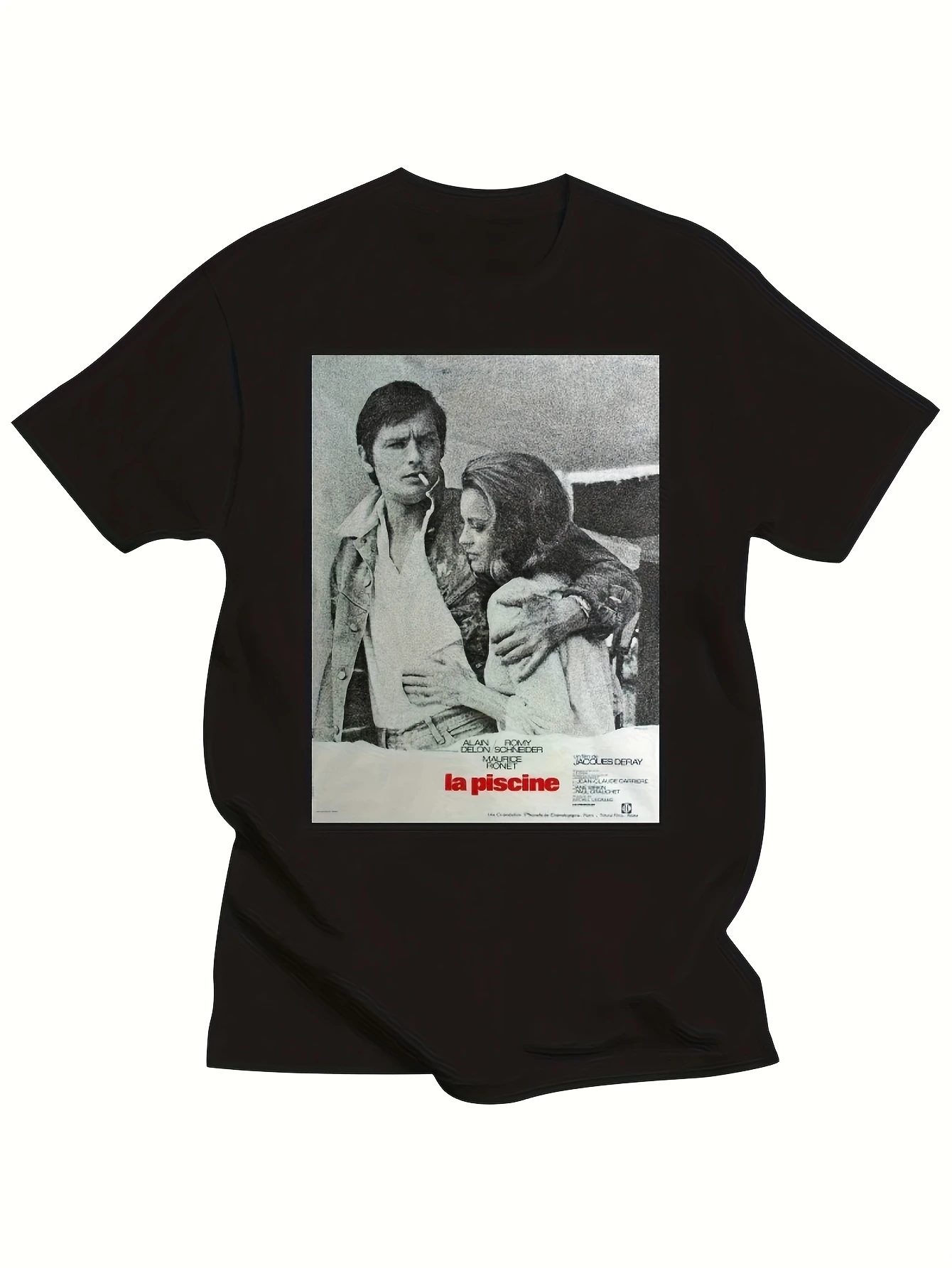 Retro-style T-shirt featuring the movie poster for *La Piscine* (The Swimming Pool), starring Alain Delon and Romy Schneider