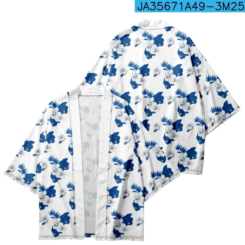 Summer Japanese Kimono for Men/Women Harajuku Hawaiian Print Traditional Short Sleeves Beach Shirt Bathrobes Chic Kimono Mujer