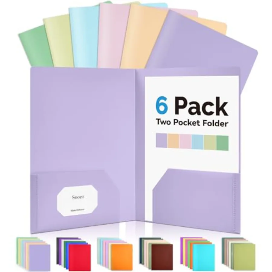 6Pack Folders with Pockets, Pastels Colors, Heavy Duty Pocket Folder, Plastic Folders with Pockets, 2-Pocket Folder Bulk, Aesth