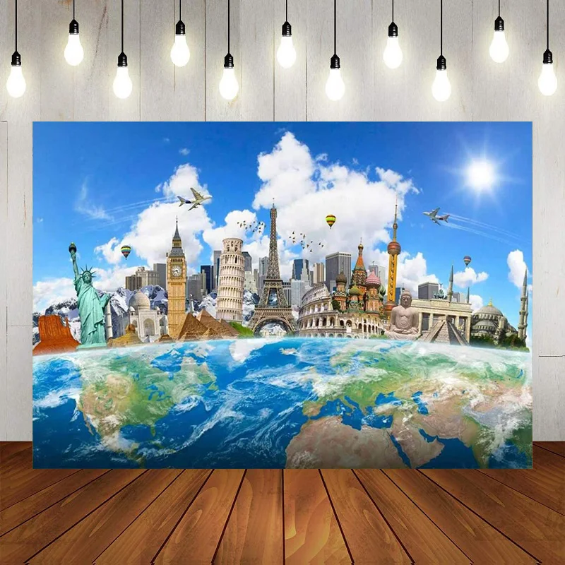 World Map Global Travel Worldwide Famous Landmark Buildings Happy Birthday Party Photography Backdrop Background Banner Decor