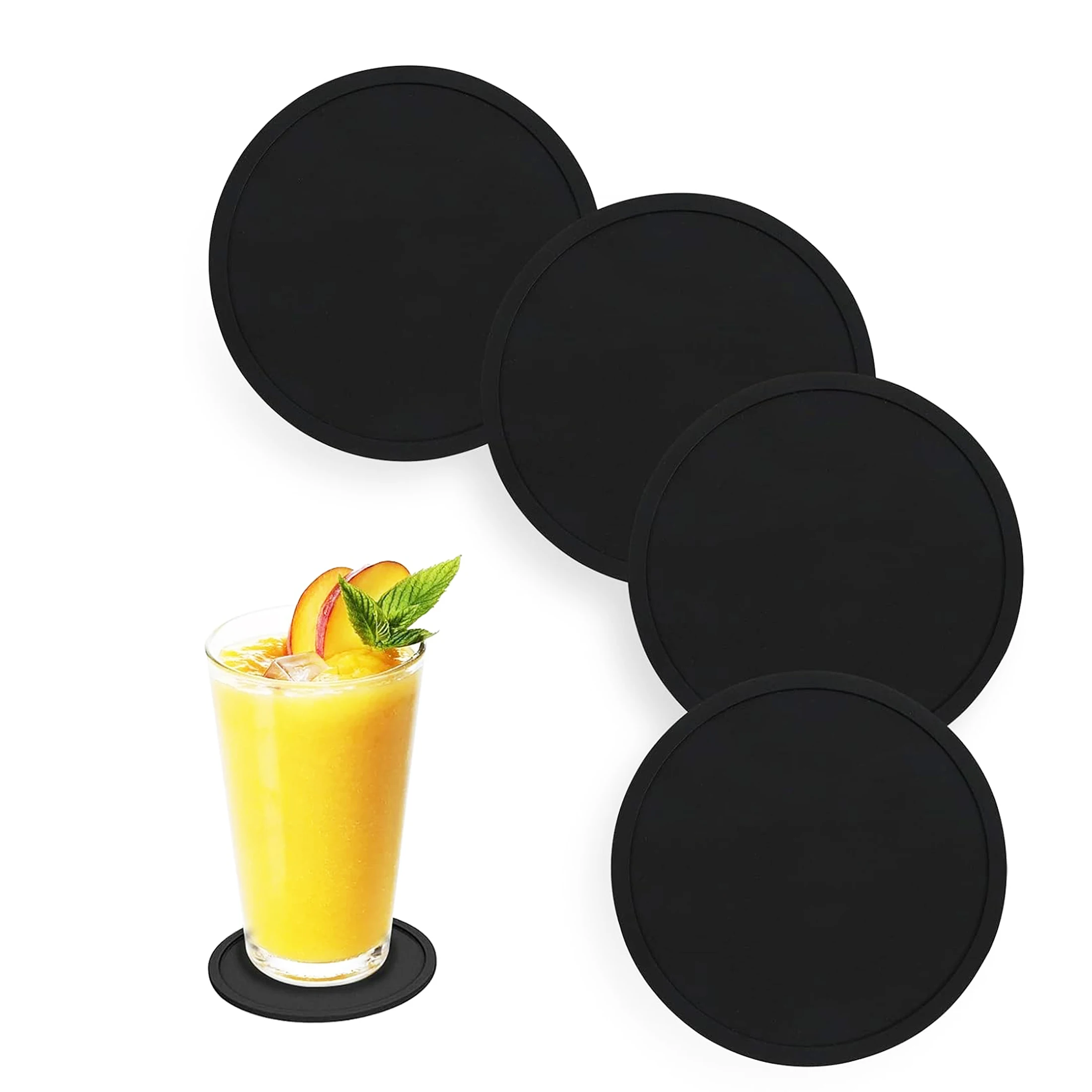 Non Slip Silicone Drink Coasters Large Black Cup Coaster Set for Outdoor & Indoor Drinks - Anti Stain & Heat Resistant - Cup Tab