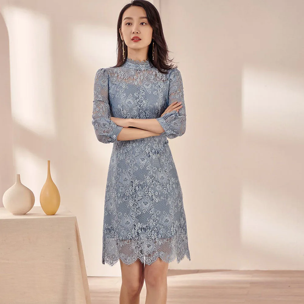 Women Business Lace Dress Hook Flower Hollow Ladies Short Sleeve Dressws Blue Bag Hip Office Ladies Knee-Length Elegant Dress