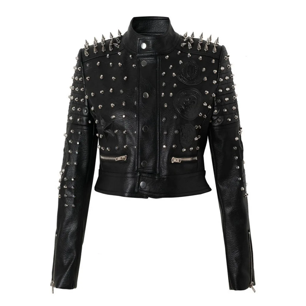 

Women's Motorcycle Jacket PU Material Vintage Jacket Long Rivet Punk Jacket Wear Resistant Woman's Biker Coat Small Size
