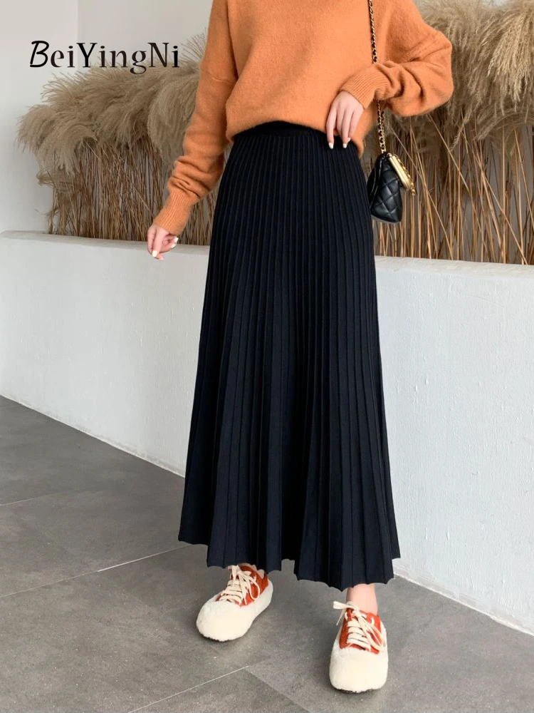 Beiyingni Women Long Maxi Knitted Skirt Autumn Winter Casual Pleated High Waist A-line Skirts 90cm 2022 Korean Fashion Faldas