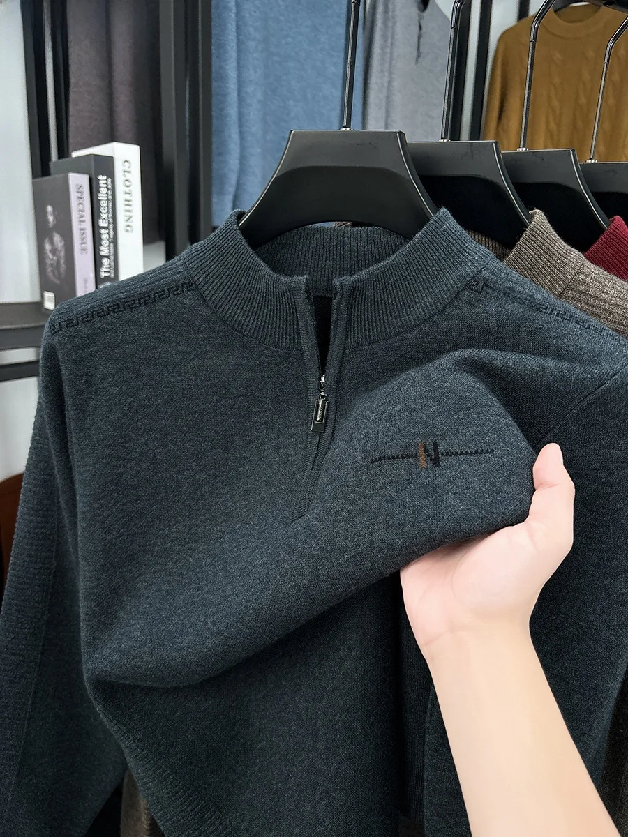 

Hengyuanxiang Men's Thiened Pure Wool Sweater Zipper Design Casual Sle Mid-aged Men's Knittedwear Soft Woolen Material