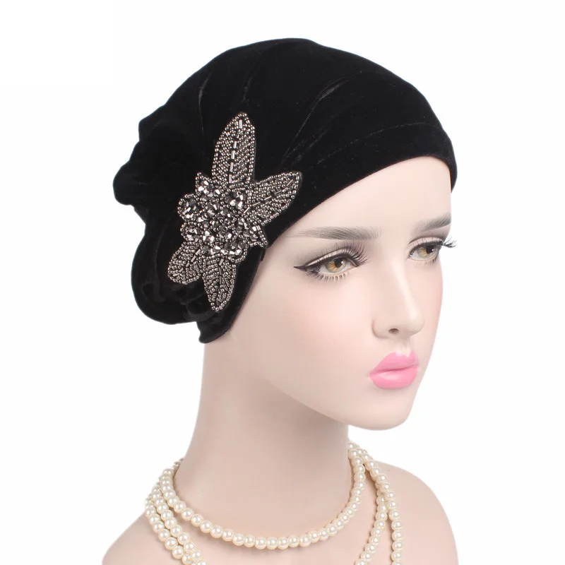 New Women\'s Elegant Velvet turban beanie with beaded flower Hat Bonnet Cancer Chemo CapMuslim Under Hijab Cap Ladies Bandanas