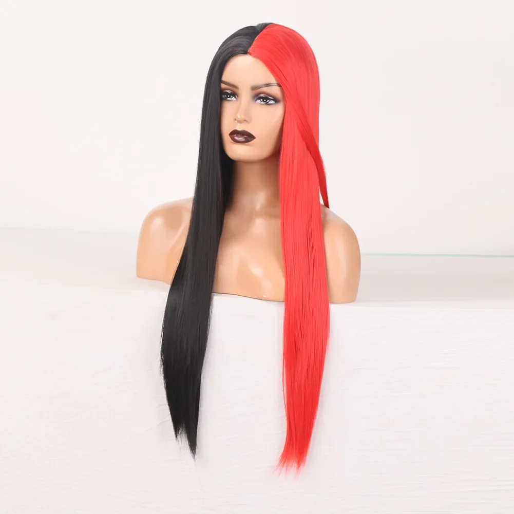 Cosplay Half Green Half Black Wig Long Straight With Bangs Cosplay Wig Two Tone Ombre Synthetic Wigs