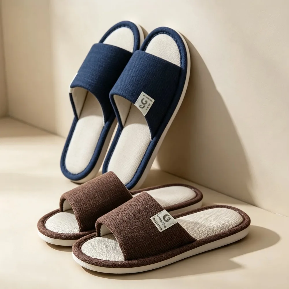 Simple Linen Slippers Breathable Men's Indoor Slippers Open-Toe Non-Slip House Shoes Bedroom Silent Slippers For All Seasons
