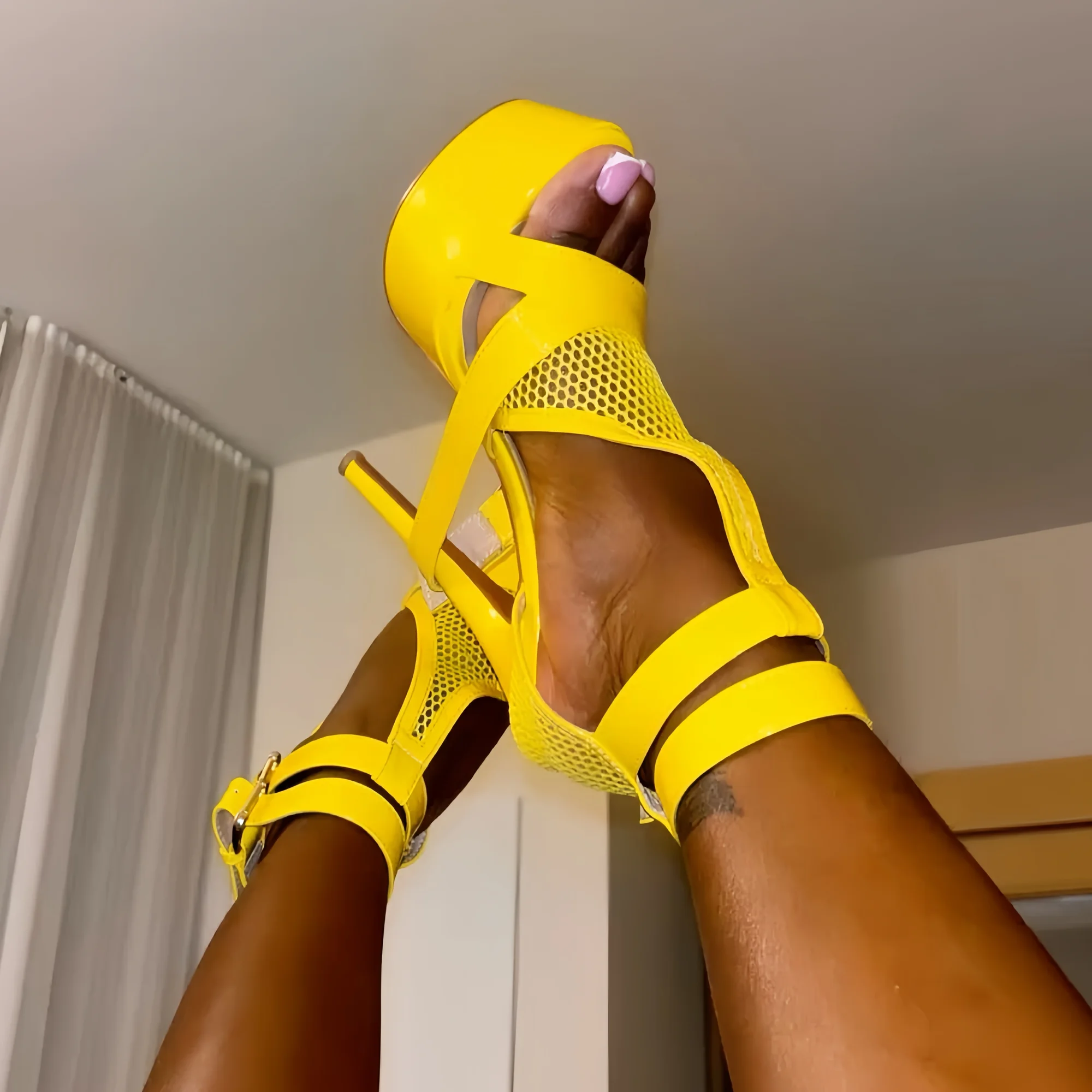 Platform Peep Toe Fishnet Sandals Women Yellow Double Buckle Ankle Strap High Heels Sandals Lady Night Party Shoes Plus Size