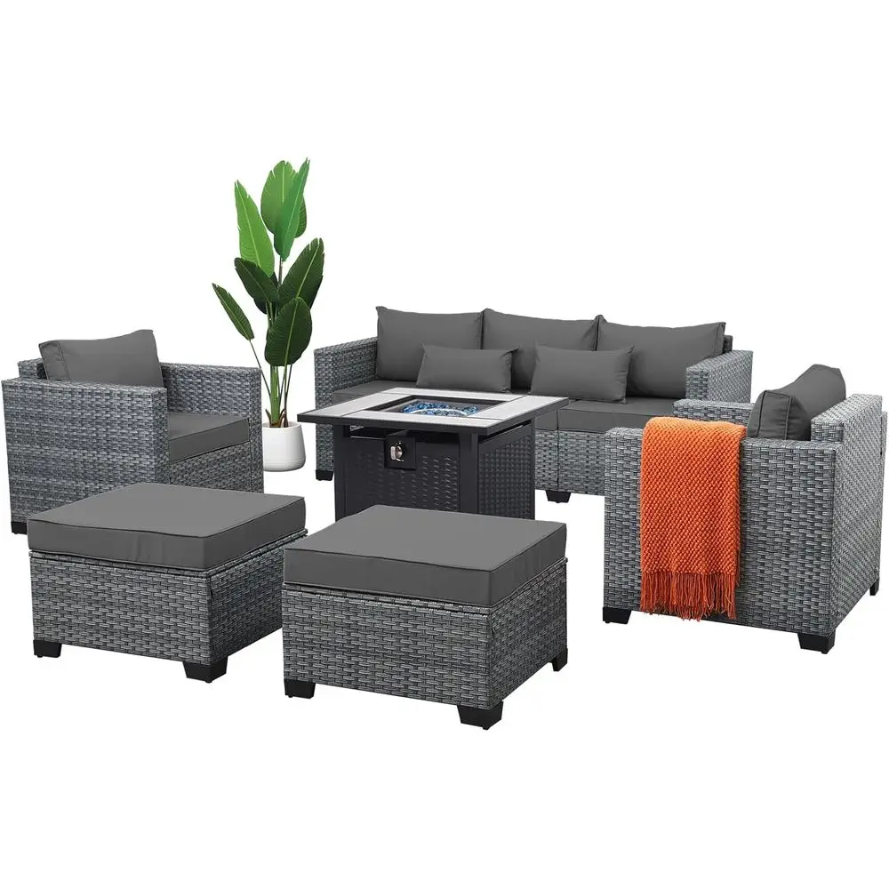 

Комплект садовой мебели из 6 предметов: секционный диван из HDPE ротанга с 30-дюймовым столом-очагом и серыми подушками