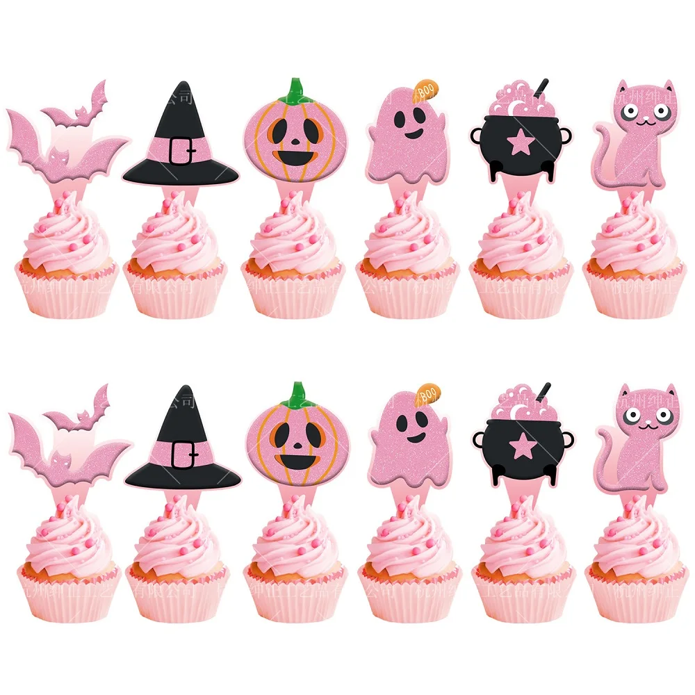 Cake Toppers for Halloween Party Decoration, Pink Cat, Ghost Pumpkin Cake Inserts, 12PCs