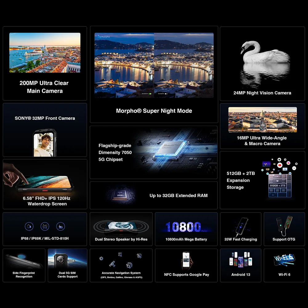 Doogee-Smartphone robuste V30 Pro, appareil photo 200MP, dimension 7050, 5G, écran FHD 6.58 \