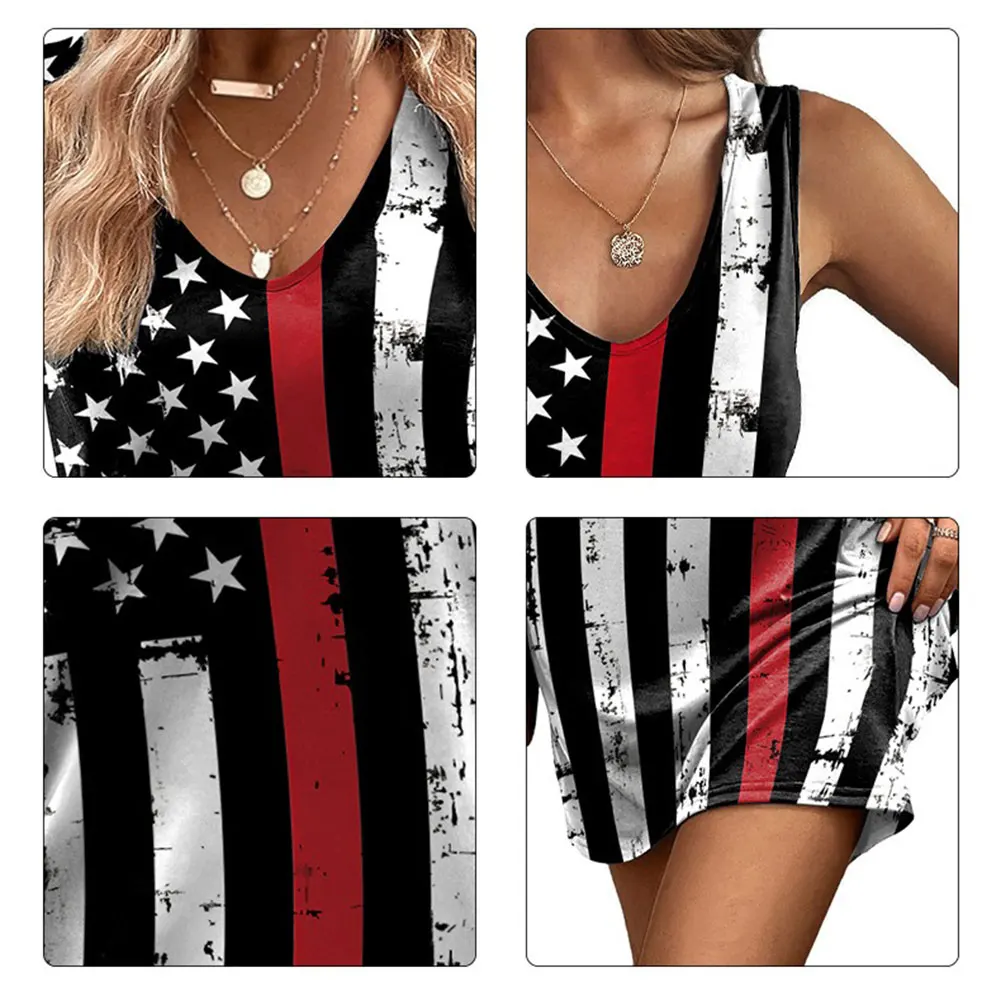 فستان صيفي كاجوال للنساء مع جيوب فستان شاطئ صيفي قصير مطبوع عليه يوم مستقل تي شيرت فستان برقبة على شكل V فساتين فضفاضة بدون أكمام