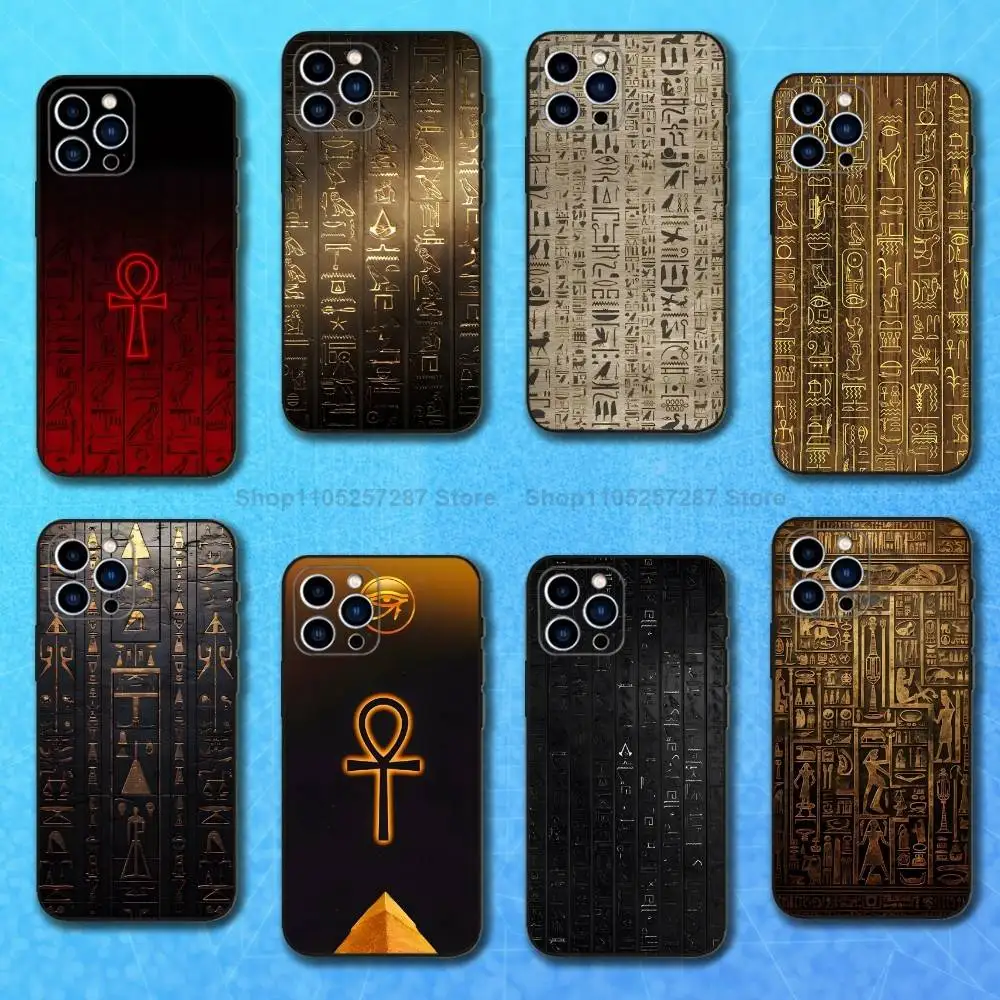 حافظة هيروغليفية فن مصر لهاتف آيفون 15,16,12,14,17,13,11,Plus,Pro Max,8,7,XR,SE,XS,X,Mini,Soft Silicone Black