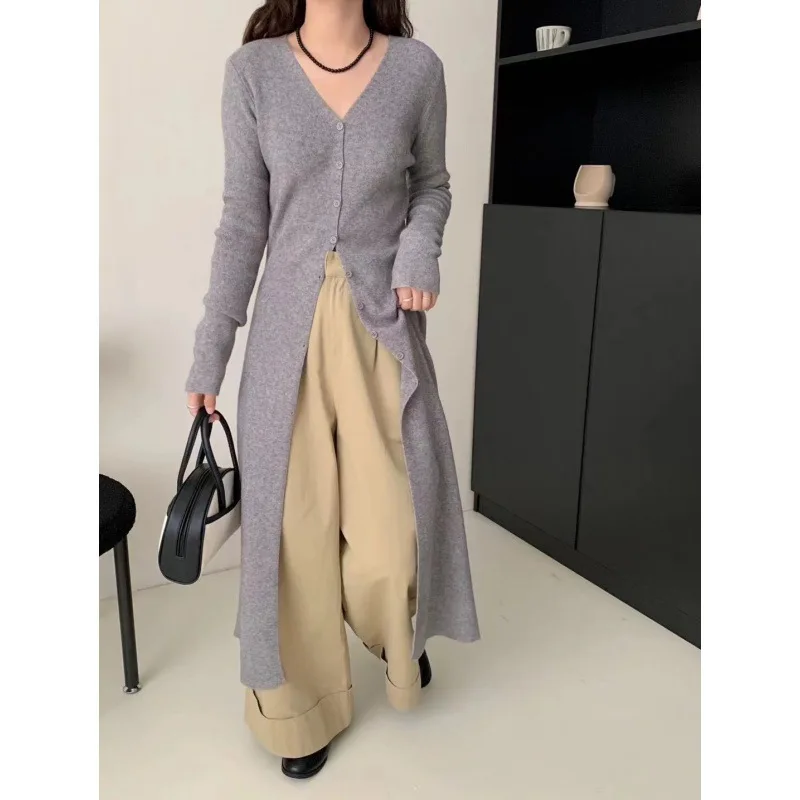 

Slim V-neck Long Knitted Jacket For Women Solid Color Single Breasted Casual Cardigans Female Daily Commute All-matched Knitwear