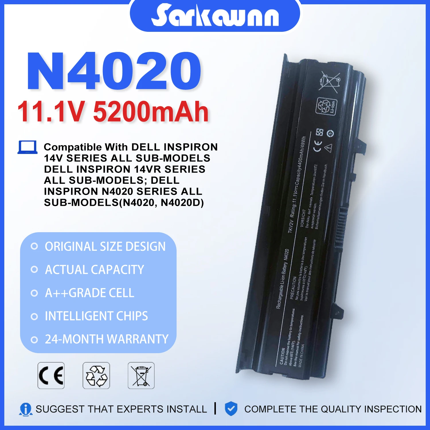 SARKAWNN N4020 Laptop Battery For DELL Inspiron 14V 14VR M4010 N4020 N4030 N4030D.