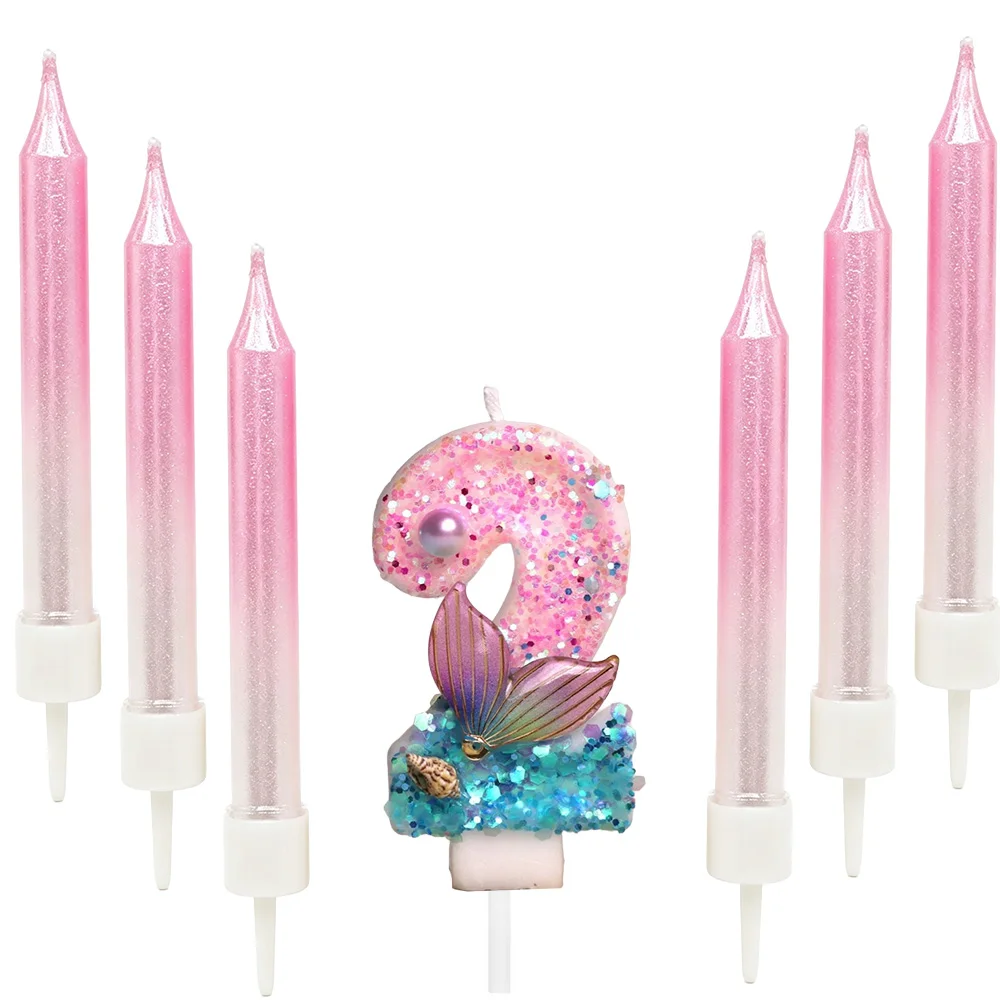 6/7pcs Mermaid Tail Glitter Birthday Number Candles Mermaid Themed Cake Toppers DIY Party Decorations Baby Shower Party Supplies view 4