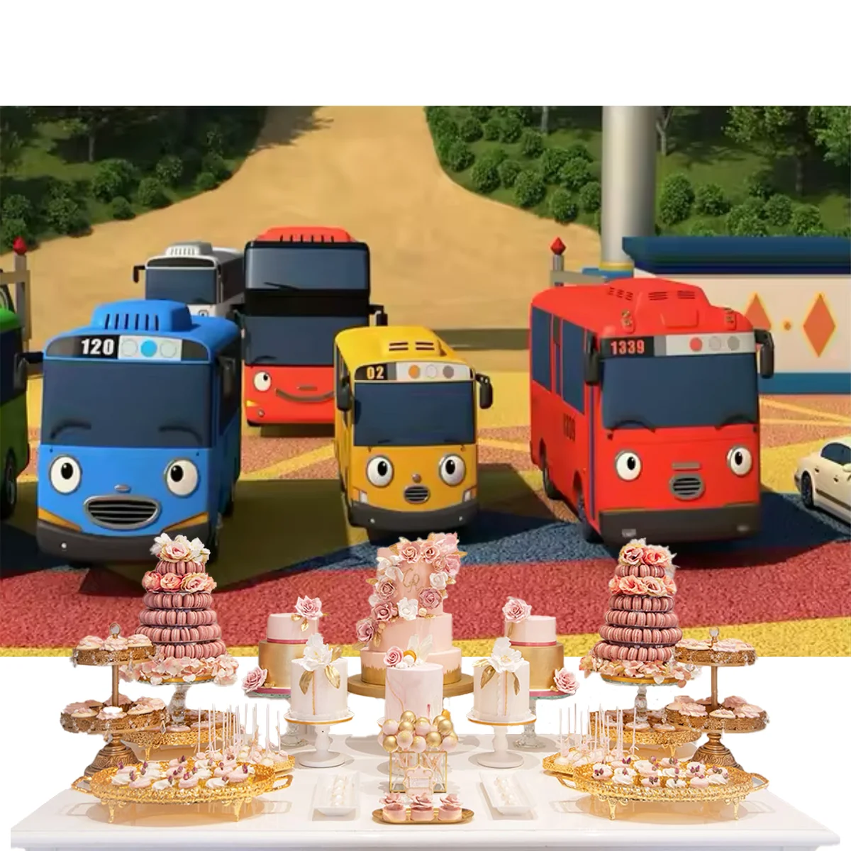 Umi Bus The Tayoes Little Bus Theme Kid Birthday Party Boys Newborn Kid 1 year old Background Toy Bus Station Banner Photo Props