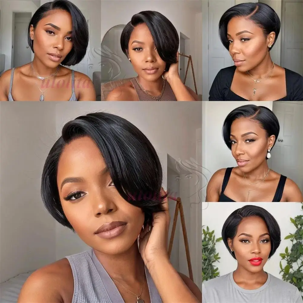 Pixie Cut Echthaarperücken, Salz-und-Pfeffer-Perücken, kurze Bob-Echthaarperücken, sofort tragbar, ohne Klebstoff, 13x4 Lace Frontal Perücken, brasilianisch gewellt – Detail 17