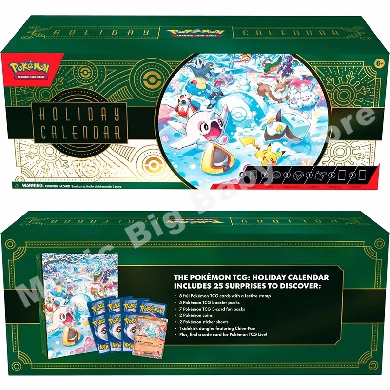 Tarjeta PTCG Original de Pokemon Trading, calendario de vacaciones en inglés, caja de regalo limitada, paquete de refuerzo de Pikachu, regalo de Navidad para niños