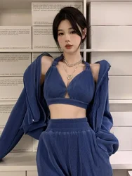 Y2k Fashion Blue Three Pieces Sets Women Cropped Tank Top+cropped Hoodie+casual Wide Leg Pants Korean 2024 Sexy Elegant Outfits