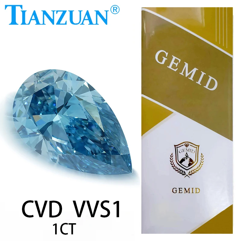 1ct VVS1 Lab Grown Diamond CVD Pear Shape Blue Color 2EX Loose Gemstone Bead with GEMID Certified