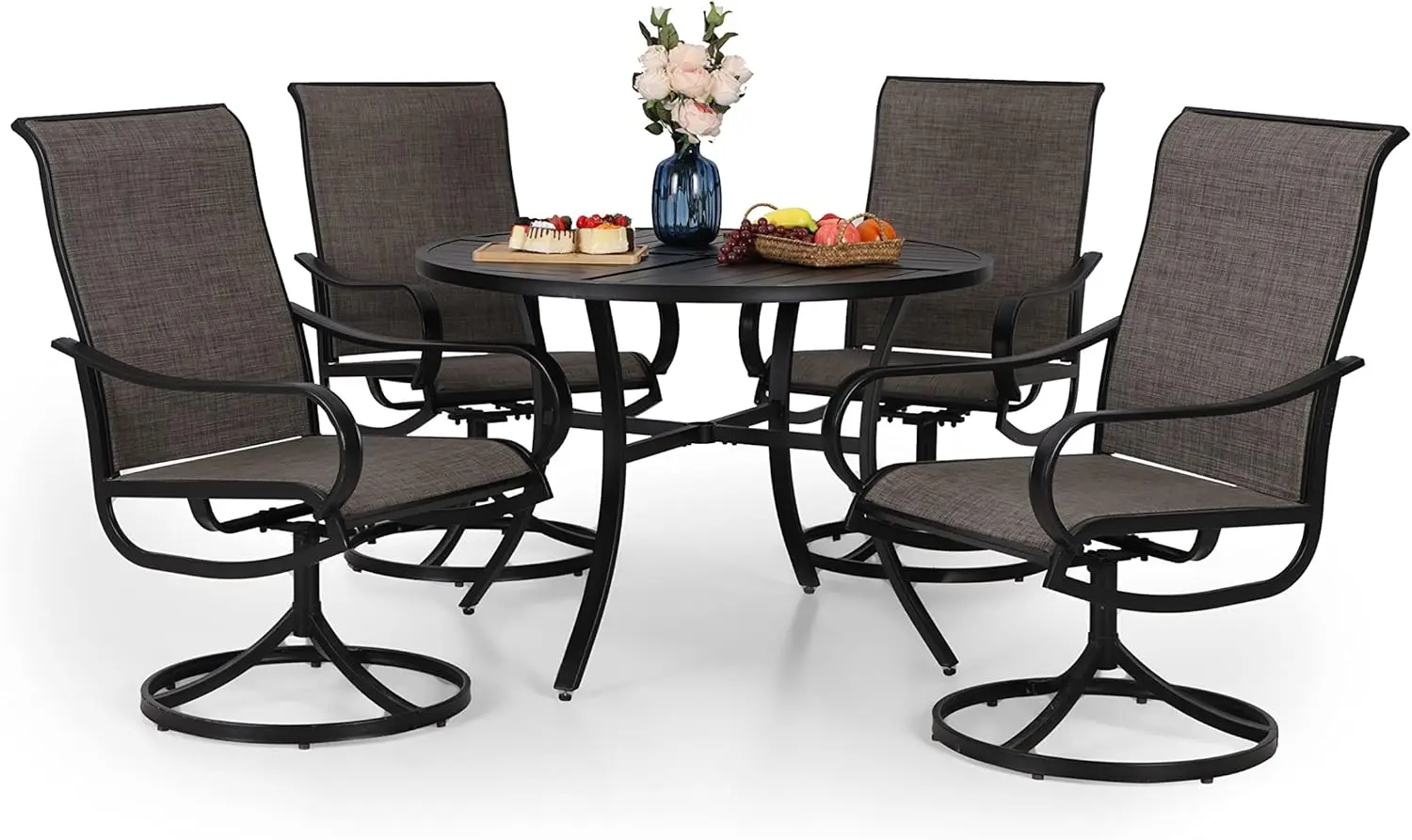 Patio Dinerset 5 Stuk, 4 Ademende Textilene Draaibare Terrasstoelen En 1 Ronde Metalen Tafel Met 1.57 "Paraplu-Gat