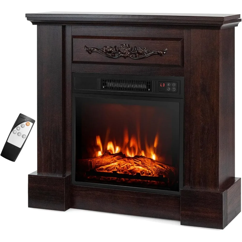 COSTWAY Chimenea eléctrica de 32 pulgadas con repisa, calentador de chimenea independiente de 1400 W con control remoto, termostato, temporizador de 6 horas, A