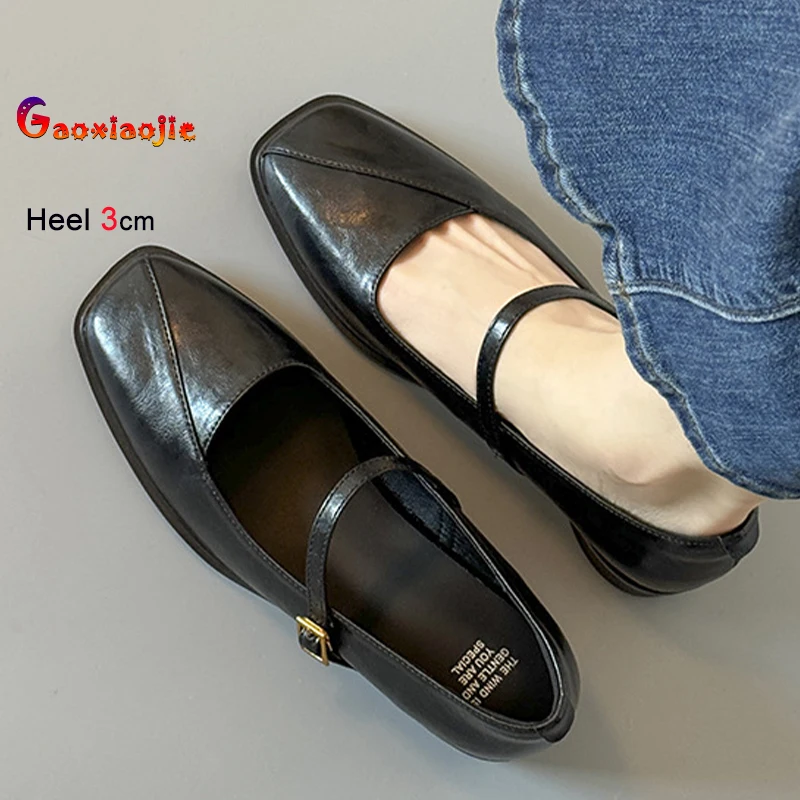 

2026 Fashion Retro Spring Autumn Black Women's Shoes Thick Heels 3cm Ankle Buckle Straps Square Toe Ladies Pumps Casual Shoes