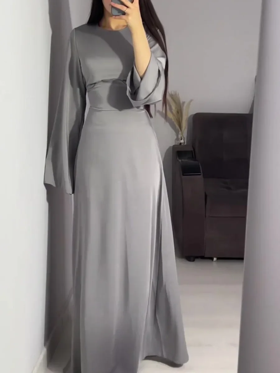 Spring Eid Muslim Dress Women Abaya Slim Fit Bandage Satin Solid Morocco Party Dresses Ramadan Islam Dubai Arab Long Robe 2024