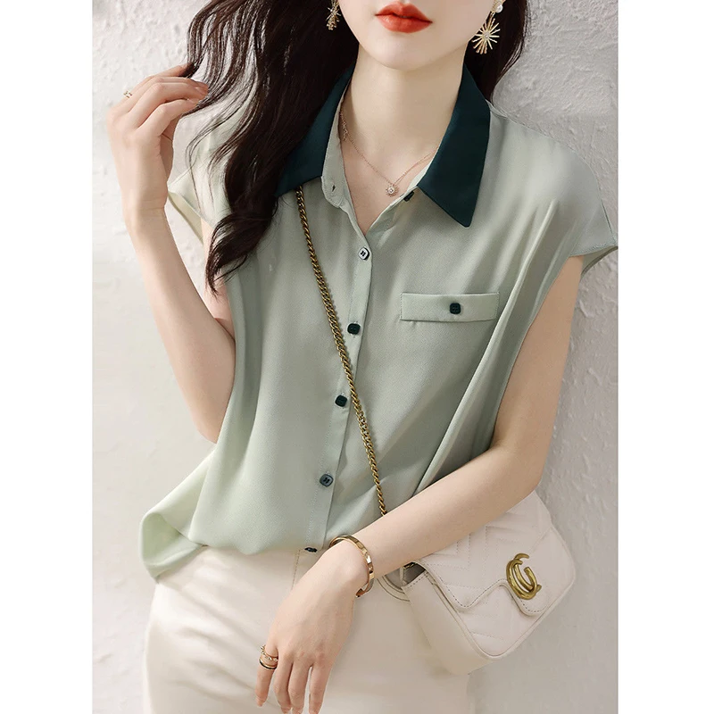 Fashion Lapel Button All-match Short Sleeve Chiffon Shirts Women Clothing 2024 Summer New Loose Casual Tops Office Lady Blouses