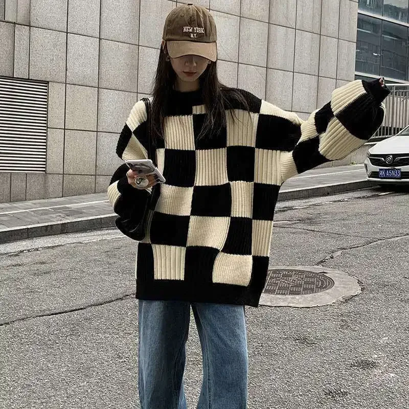 Checkerboard Grid Pullover Knit Sweater, Women's Autumn/winter New Spell Color Retro Day Lazy Knitwear, Design Style Niche Top