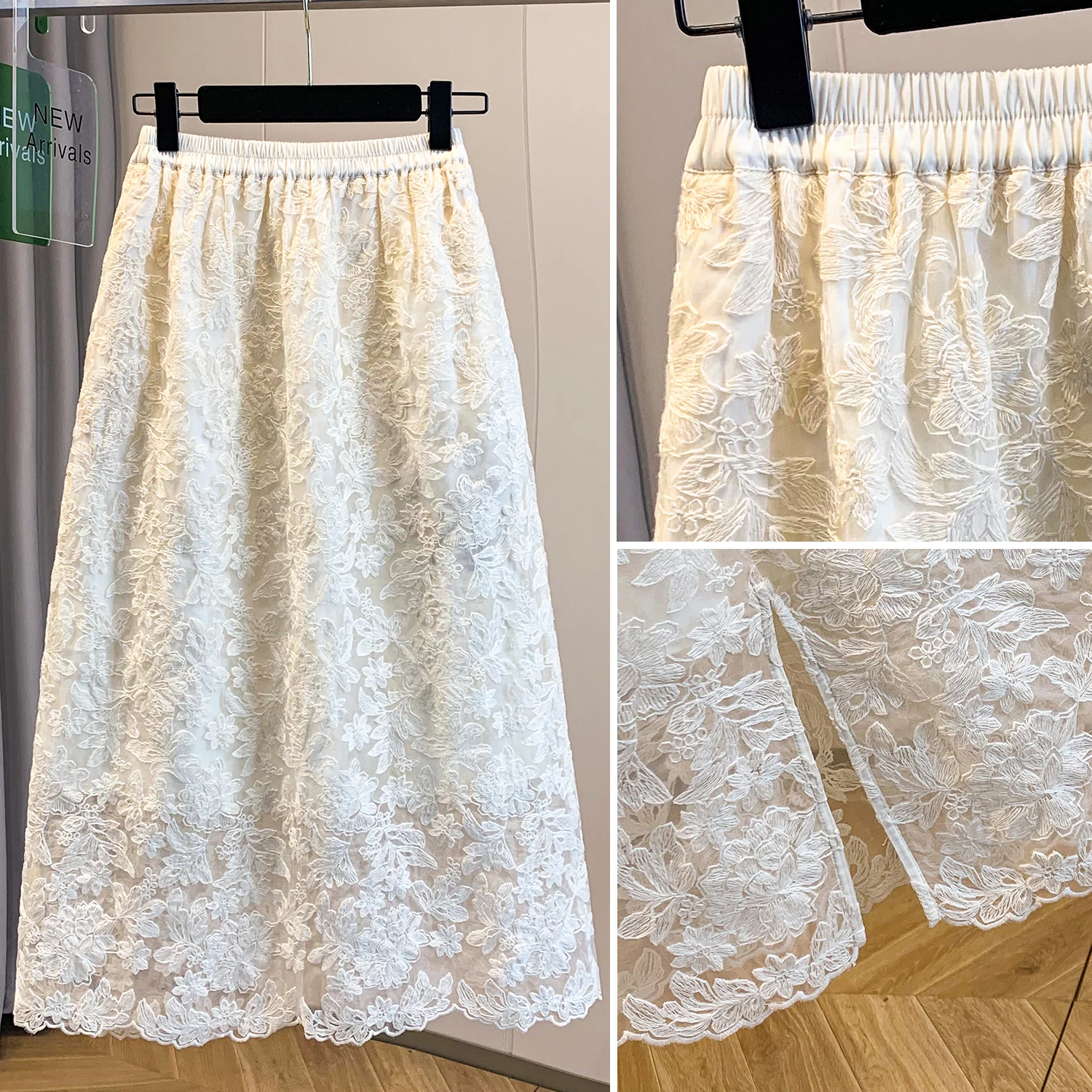 Elegant Korean Style Heavy Embroidery Lace Hook Half Skirt Women's Summer Elastic Waist A-Line Casual Mid-Length Skirt