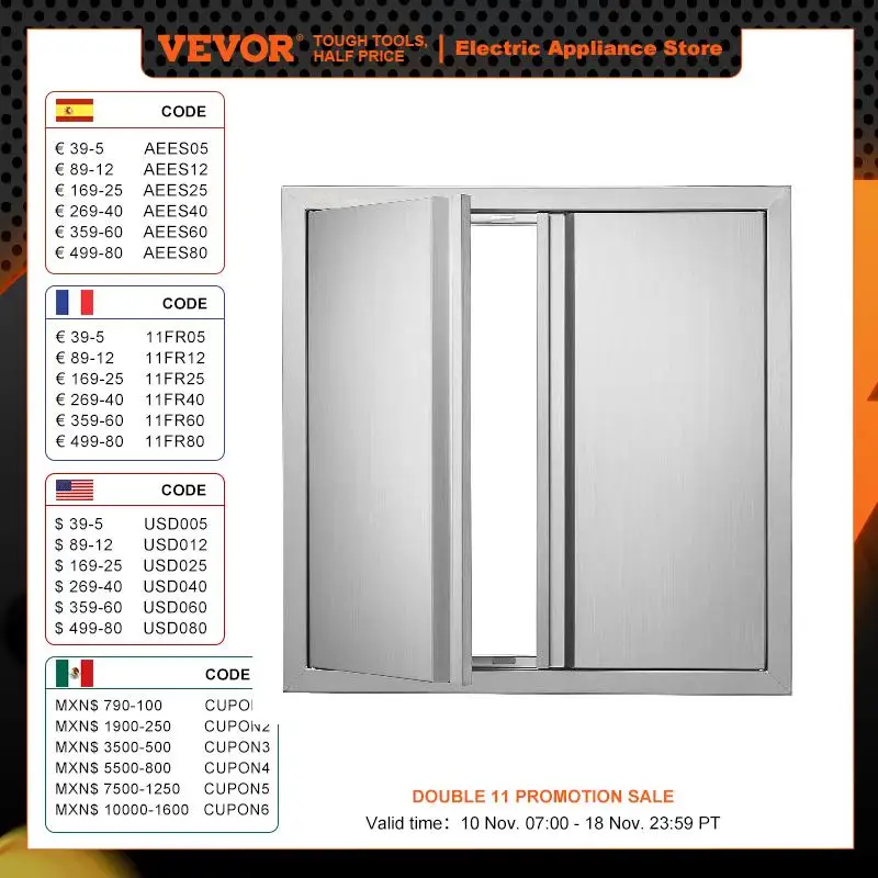 Vevor 24W X 24H ในผนังเหล็กสแตนเลสคู่ประตูแนวตั้งพร้อมที่จับปิดภาคเรียนสำหรับเตาย่างบาร์บีคิวสถานีนอกตู้