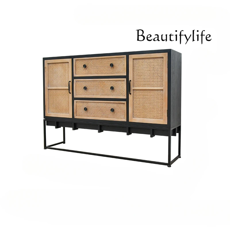 

Vintage Iron and Wood Combined with Rattan Chest of Drawers Solid Wood Glass Storage Cabinet Home Antique Style Side Cabinet