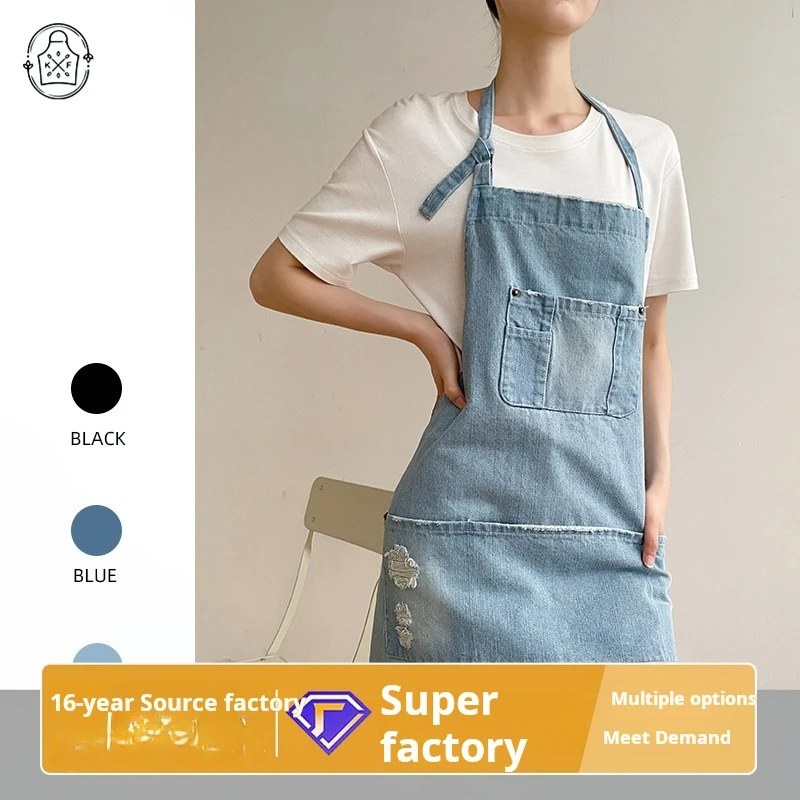 

New Fashion All Cotton Home Apron Workwear Denim Washed Full Cotton Denim Apron